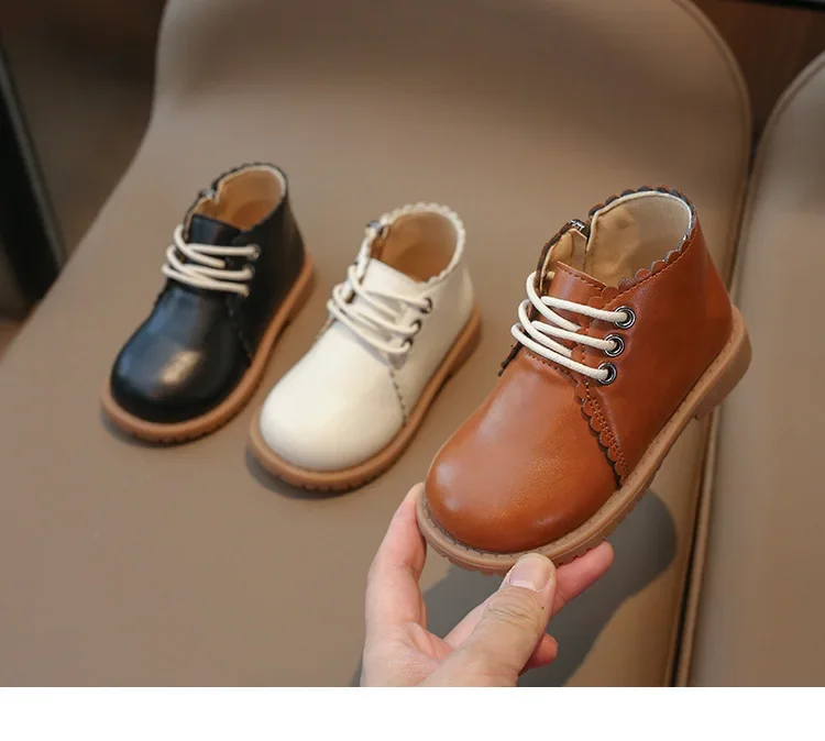 Girls Leather Boots 2024 Spring Autumn Kids Ankle Boots For Girl Lace-up Side Zipper Rubber Boots Size 21-30