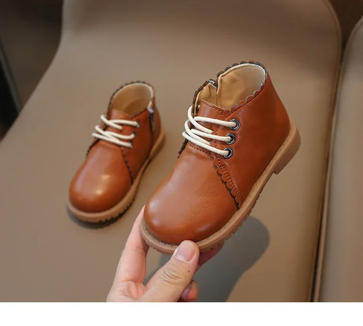 Girls Leather Boots 2024 Spring Autumn Kids Ankle Boots For Girl Lace-up Side Zipper Rubber Boots Size 21-30
