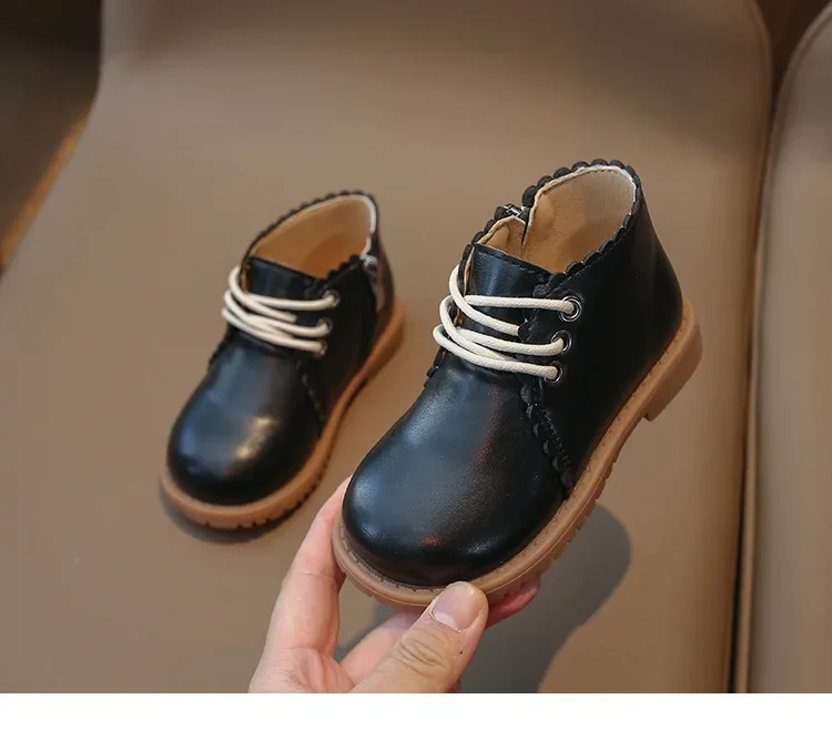 Girls Leather Boots 2024 Spring Autumn Kids Ankle Boots For Girl Lace-up Side Zipper Rubber Boots Size 21-30