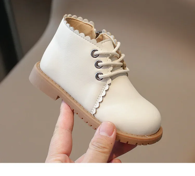 Girls Leather Boots 2024 Spring Autumn Kids Ankle Boots For Girl Lace-up Side Zipper Rubber Boots Size 21-30