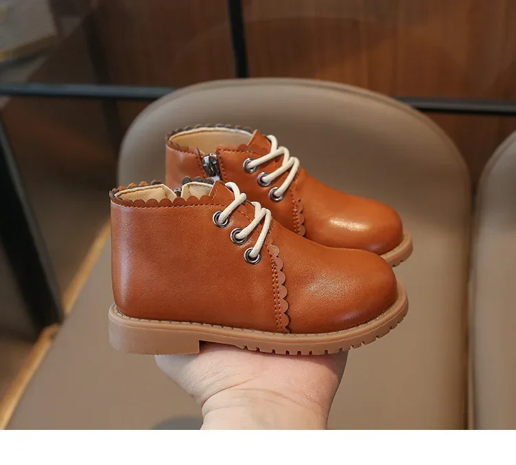 Girls Leather Boots 2024 Spring Autumn Kids Ankle Boots For Girl Lace-up Side Zipper Rubber Boots Size 21-30