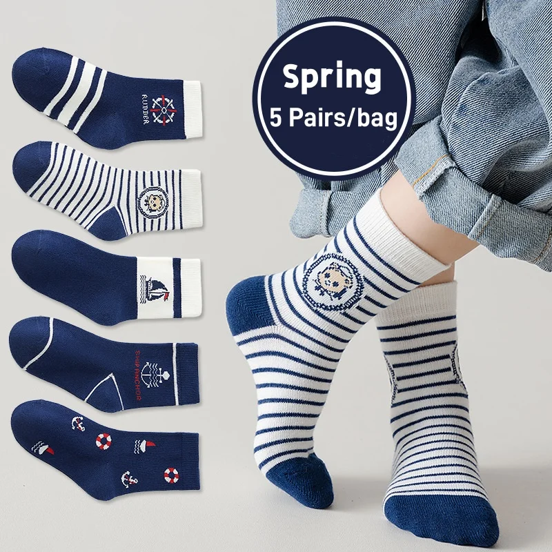 5 Pairs Baby Crew Socks Spring Autumn Cotton Socks Kids Boys Striped Socks Children's Sport Socks