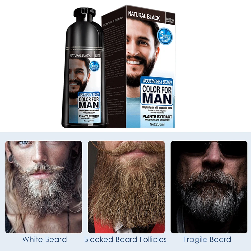 Natural Men's Black Beard Dye Shampoo 5 Minutes Fast Darken Hair Dye Cream Cover White Grey Permanent Beard Care Tint Cream