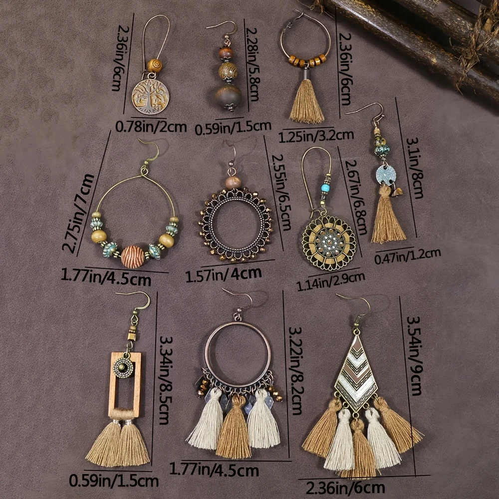 10 Pairs Brown Earrings Set Boho Jewelry Set Drop Dangle Earrings Tassel Wooden Beading Vintage Statement Earrings for Women