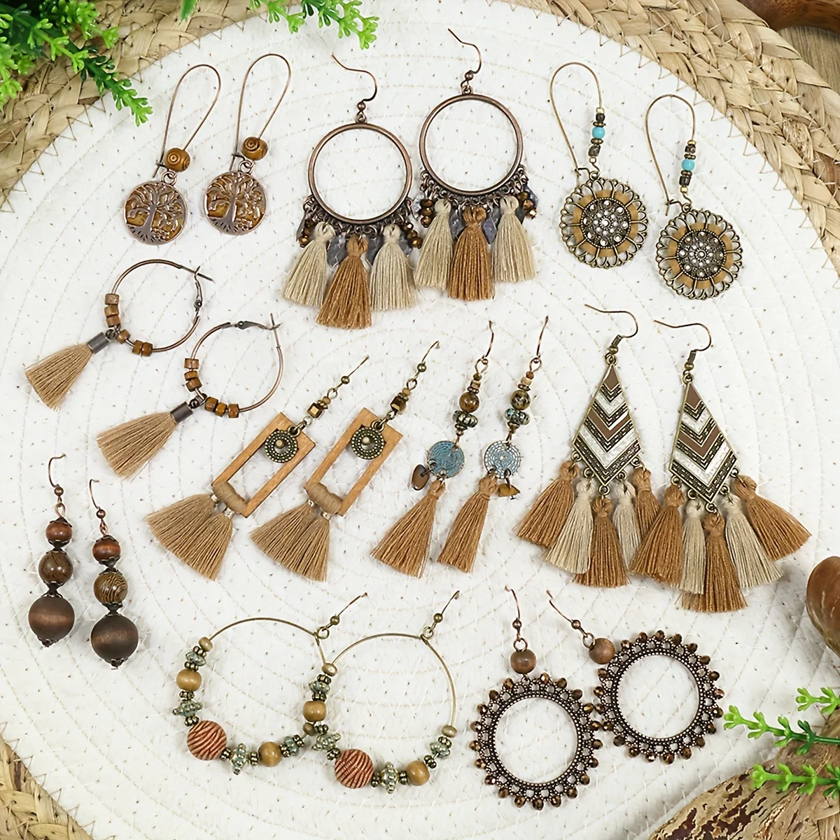 10 Pairs Brown Earrings Set Boho Jewelry Set Drop Dangle Earrings Tassel Wooden Beading Vintage Statement Earrings for Women