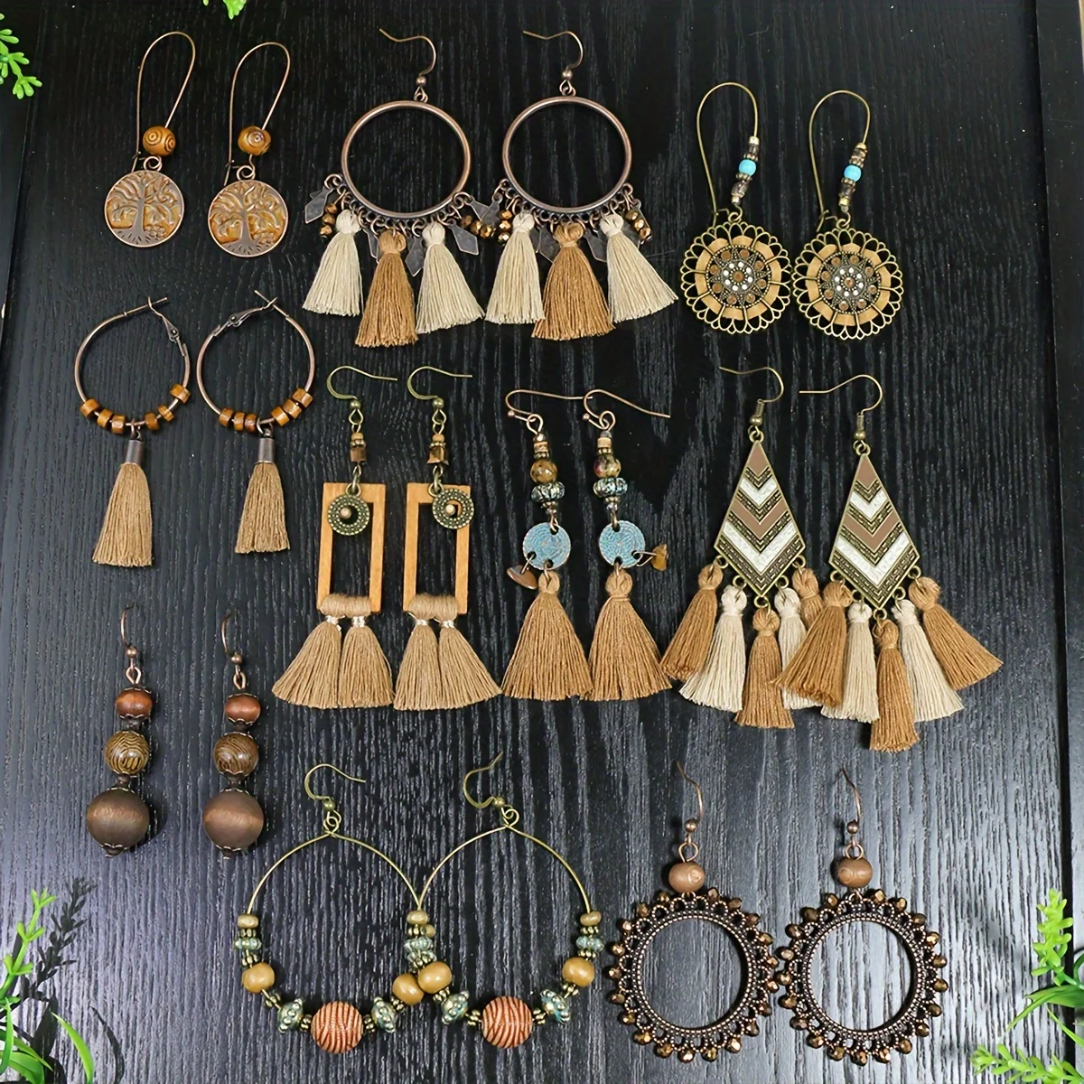 10 Pairs Brown Earrings Set Boho Jewelry Set Drop Dangle Earrings Tassel Wooden Beading Vintage Statement Earrings for Women