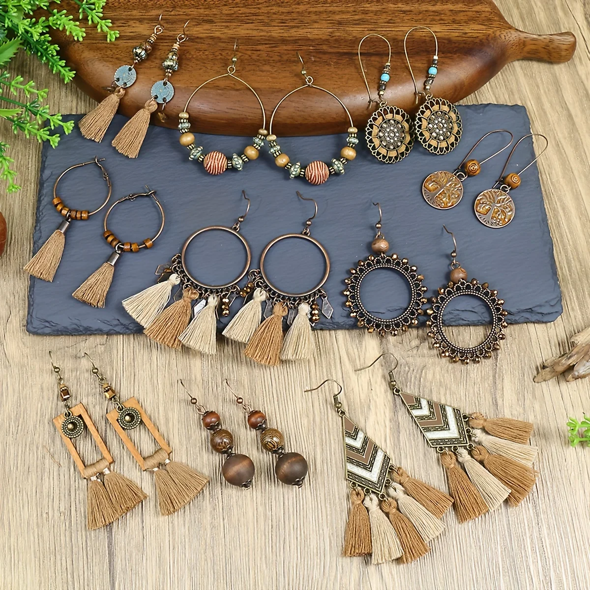 10 Pairs Brown Earrings Set Boho Jewelry Set Drop Dangle Earrings Tassel Wooden Beading Vintage Statement Earrings for Women