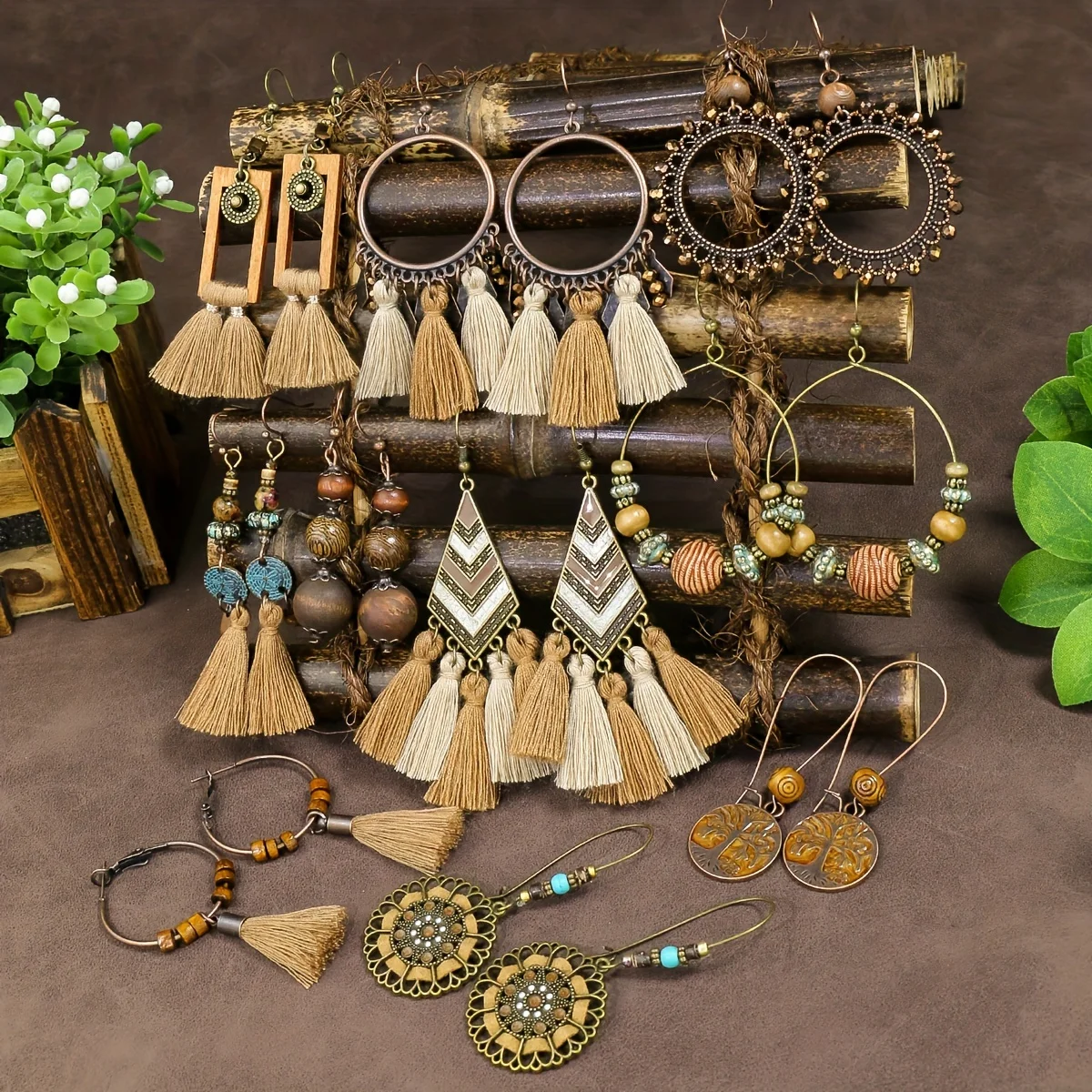 10 Pairs Brown Earrings Set Boho Jewelry Set Drop Dangle Earrings Tassel Wooden Beading Vintage Statement Earrings for Women