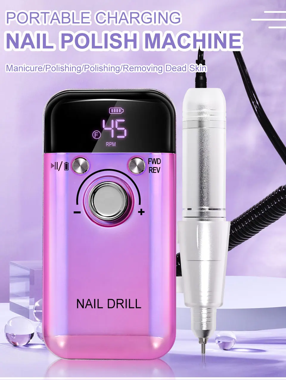 Professional 45000RPM Electric Portable Nail Drill Machine Rechargeable Low Noise Nail Sander File for Manicure Salon Tool