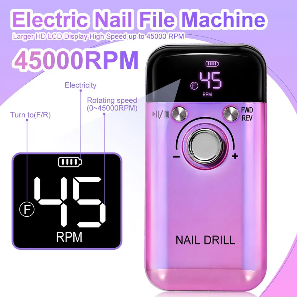 Professional 45000RPM Electric Portable Nail Drill Machine Rechargeable Low Noise Nail Sander File for Manicure Salon Tool