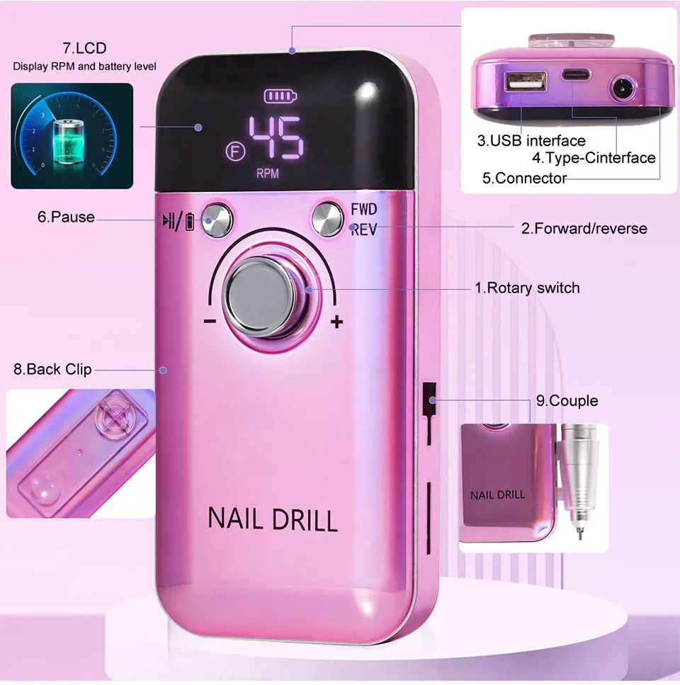 Professional 45000RPM Electric Portable Nail Drill Machine Rechargeable Low Noise Nail Sander File for Manicure Salon Tool