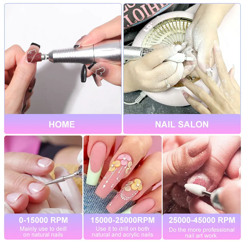 Professional 45000RPM Electric Portable Nail Drill Machine Rechargeable Low Noise Nail Sander File for Manicure Salon Tool