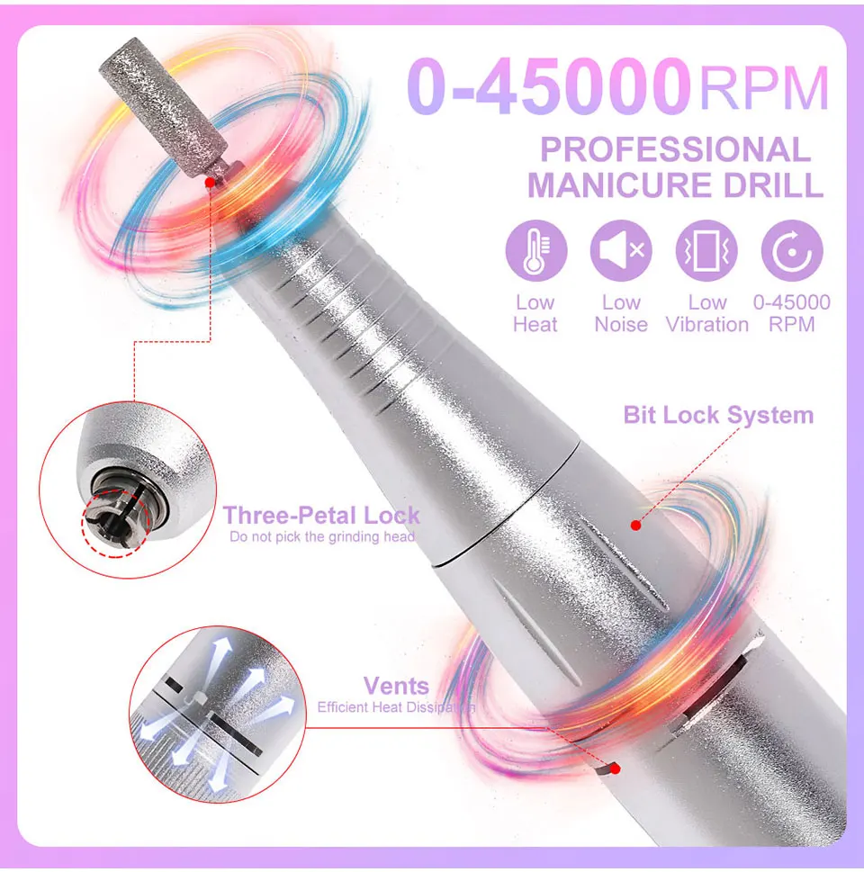 Professional 45000RPM Electric Portable Nail Drill Machine Rechargeable Low Noise Nail Sander File for Manicure Salon Tool