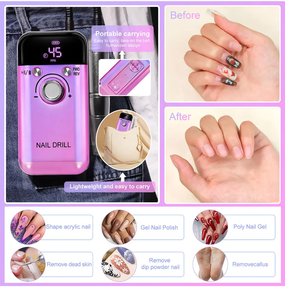 Professional 45000RPM Electric Portable Nail Drill Machine Rechargeable Low Noise Nail Sander File for Manicure Salon Tool