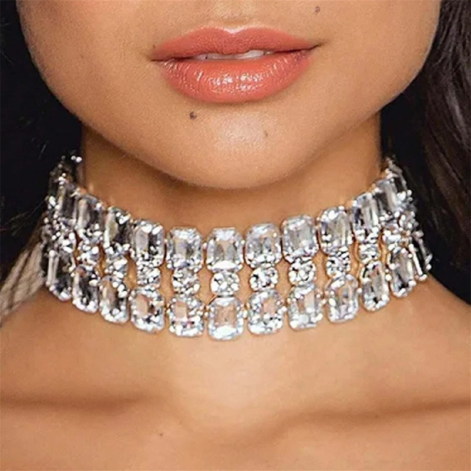 Bling Square Rhinestone Choker Necklace Exaggerate Accessories Luxury Women Statements Clavicle Chain Necklace Body Jewelry