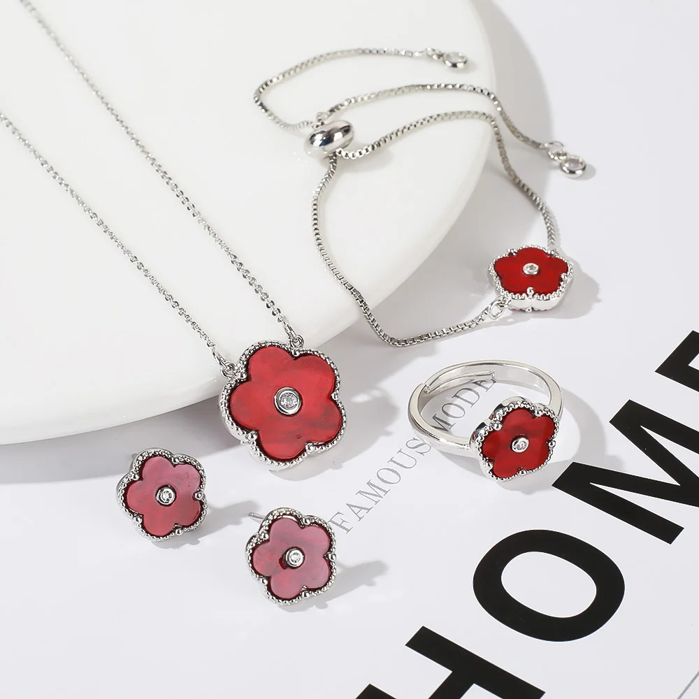 4pc Double-Sided Plum Blossom Jewelry Set Zircon New Hot Selling Plant Five Leaf Flower Women'sHigh-Quality Clover