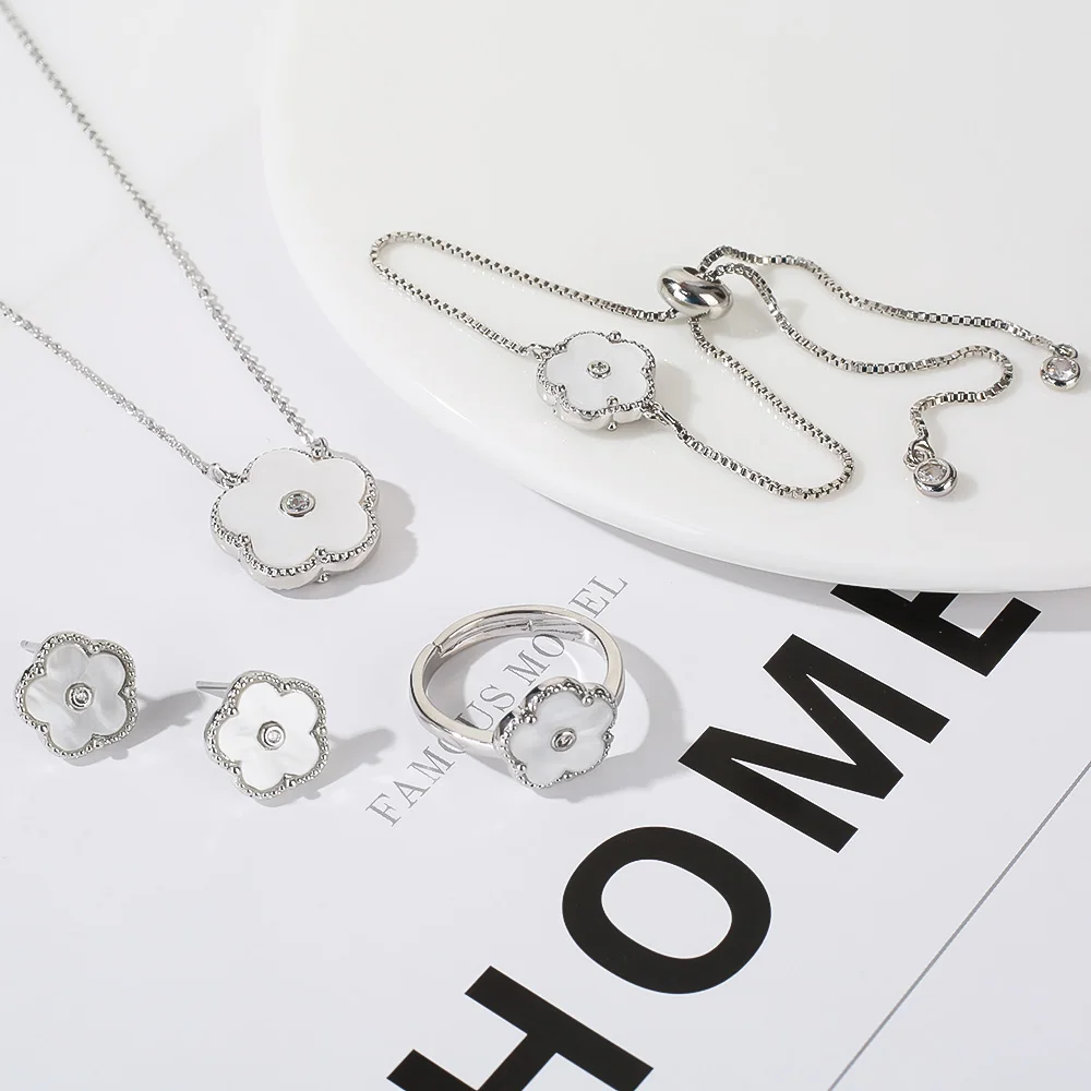 4pc Double-Sided Plum Blossom Jewelry Set Zircon New Hot Selling Plant Five Leaf Flower Women'sHigh-Quality Clover