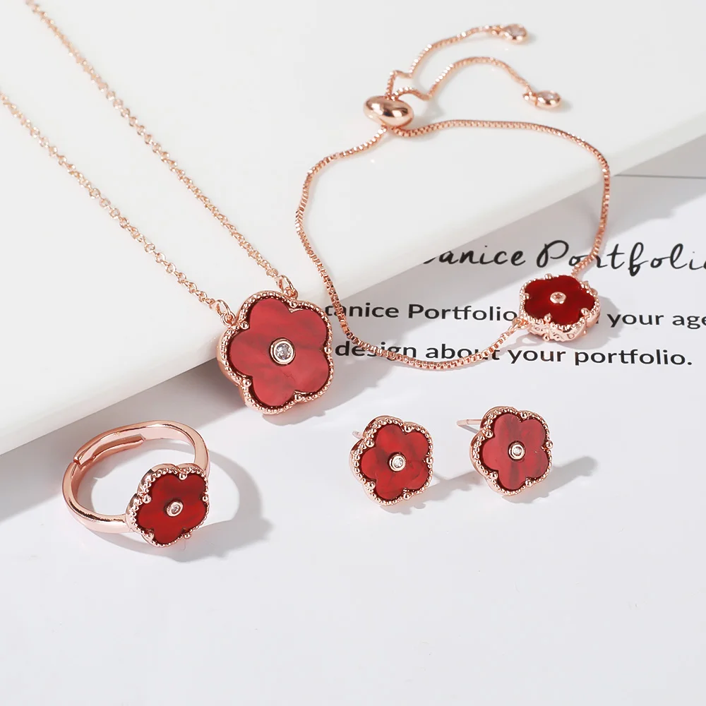 4pc Double-Sided Plum Blossom Jewelry Set Zircon New Hot Selling Plant Five Leaf Flower Women'sHigh-Quality Clover