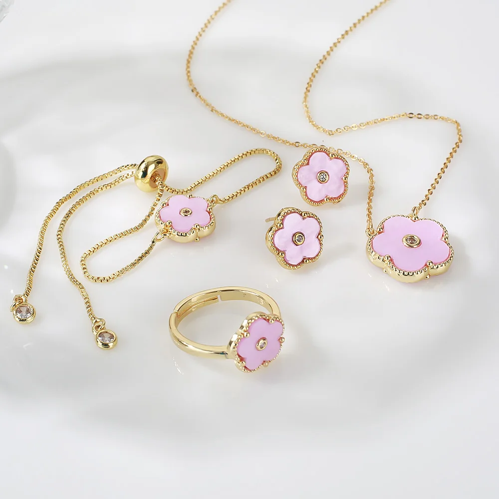 4pc Double-Sided Plum Blossom Jewelry Set Zircon New Hot Selling Plant Five Leaf Flower Women'sHigh-Quality Clover
