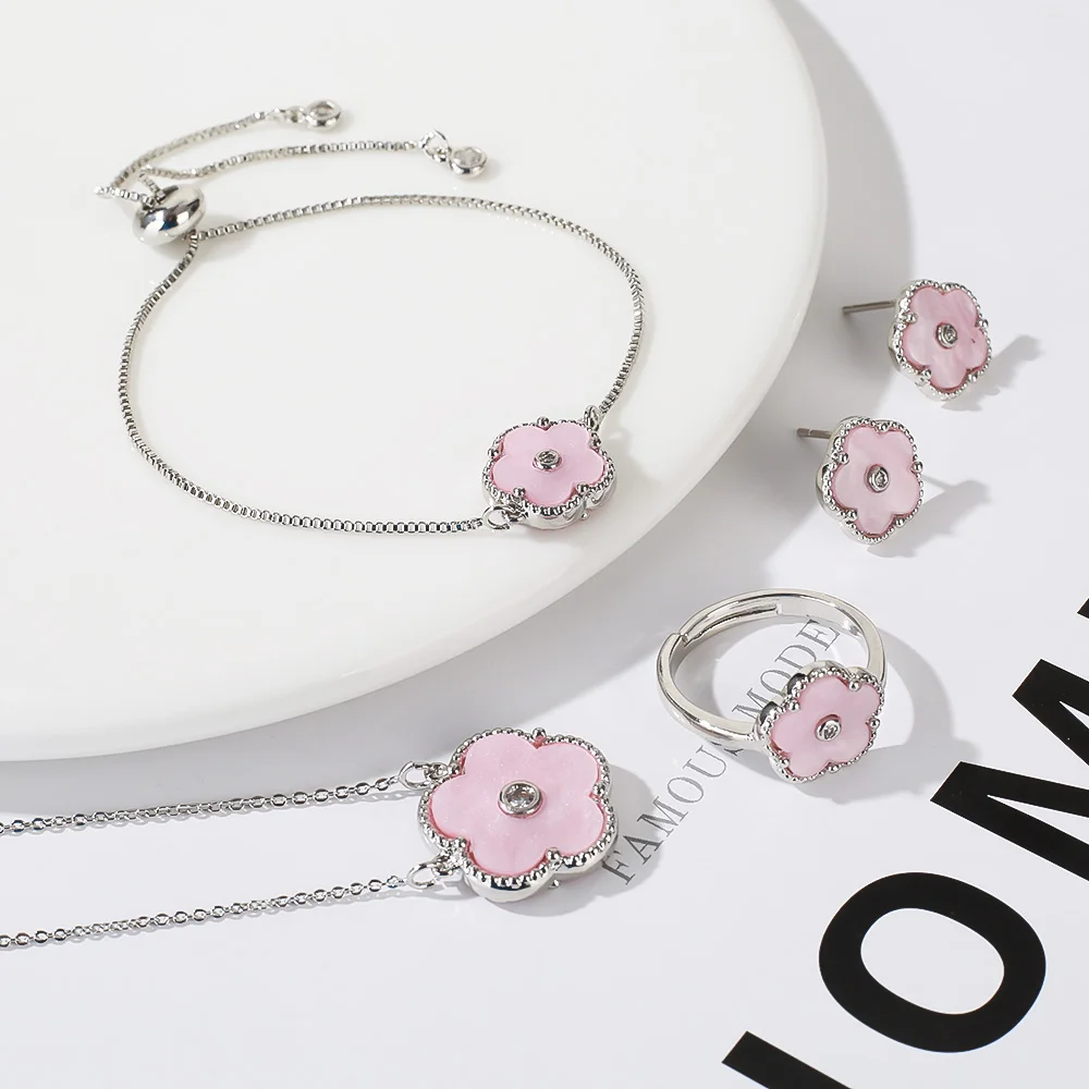 4pc Double-Sided Plum Blossom Jewelry Set Zircon New Hot Selling Plant Five Leaf Flower Women'sHigh-Quality Clover