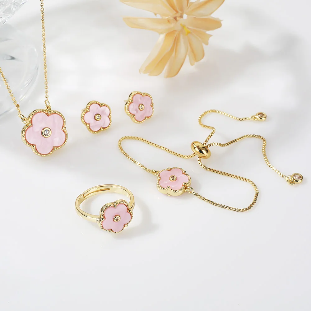 4pc Double-Sided Plum Blossom Jewelry Set Zircon New Hot Selling Plant Five Leaf Flower Women'sHigh-Quality Clover