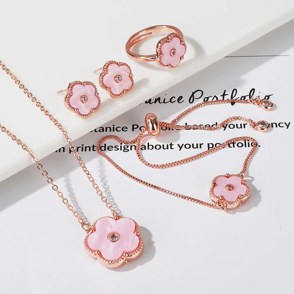 4pc Double-Sided Plum Blossom Jewelry Set Zircon New Hot Selling Plant Five Leaf Flower Women'sHigh-Quality Clover