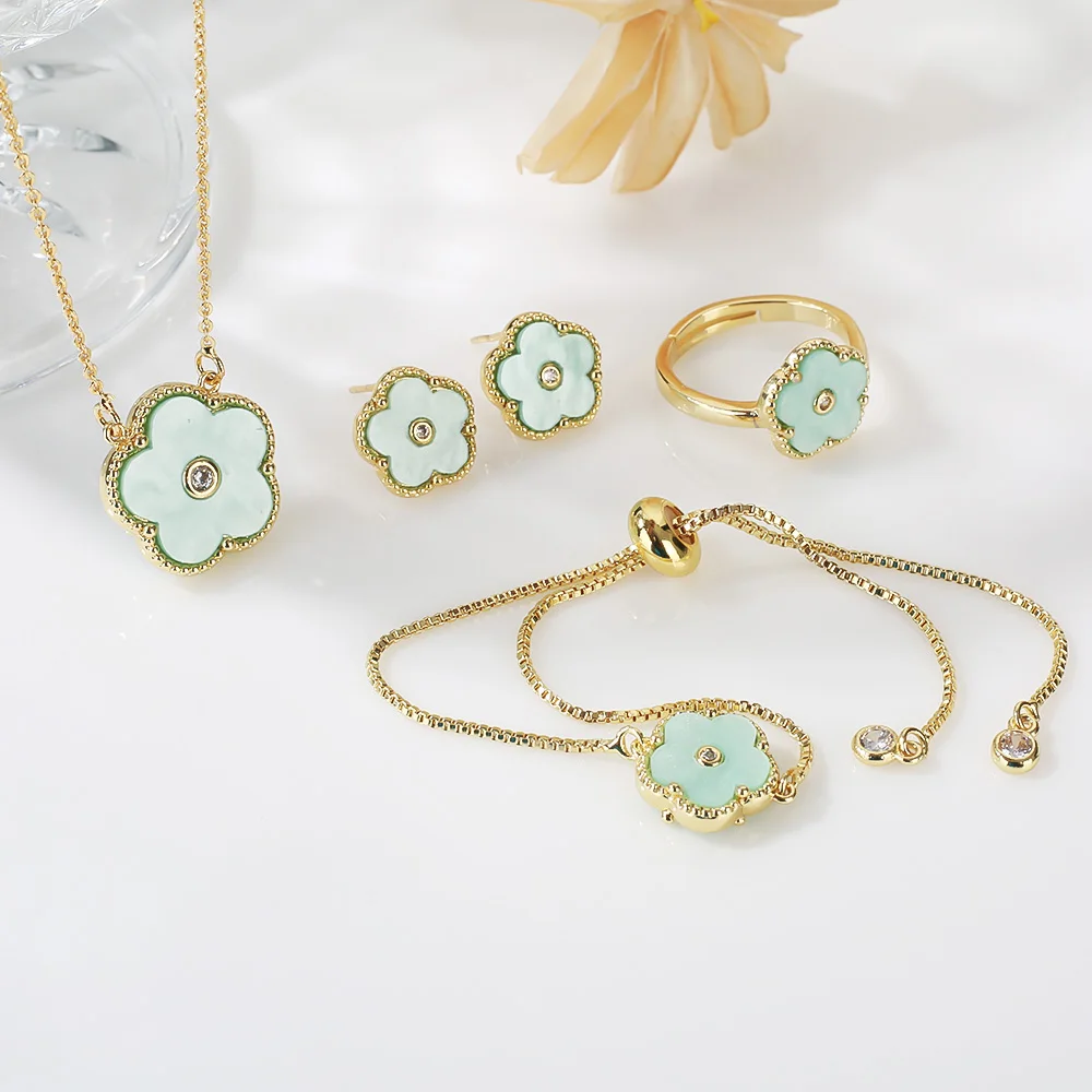 4pc Double-Sided Plum Blossom Jewelry Set Zircon New Hot Selling Plant Five Leaf Flower Women'sHigh-Quality Clover
