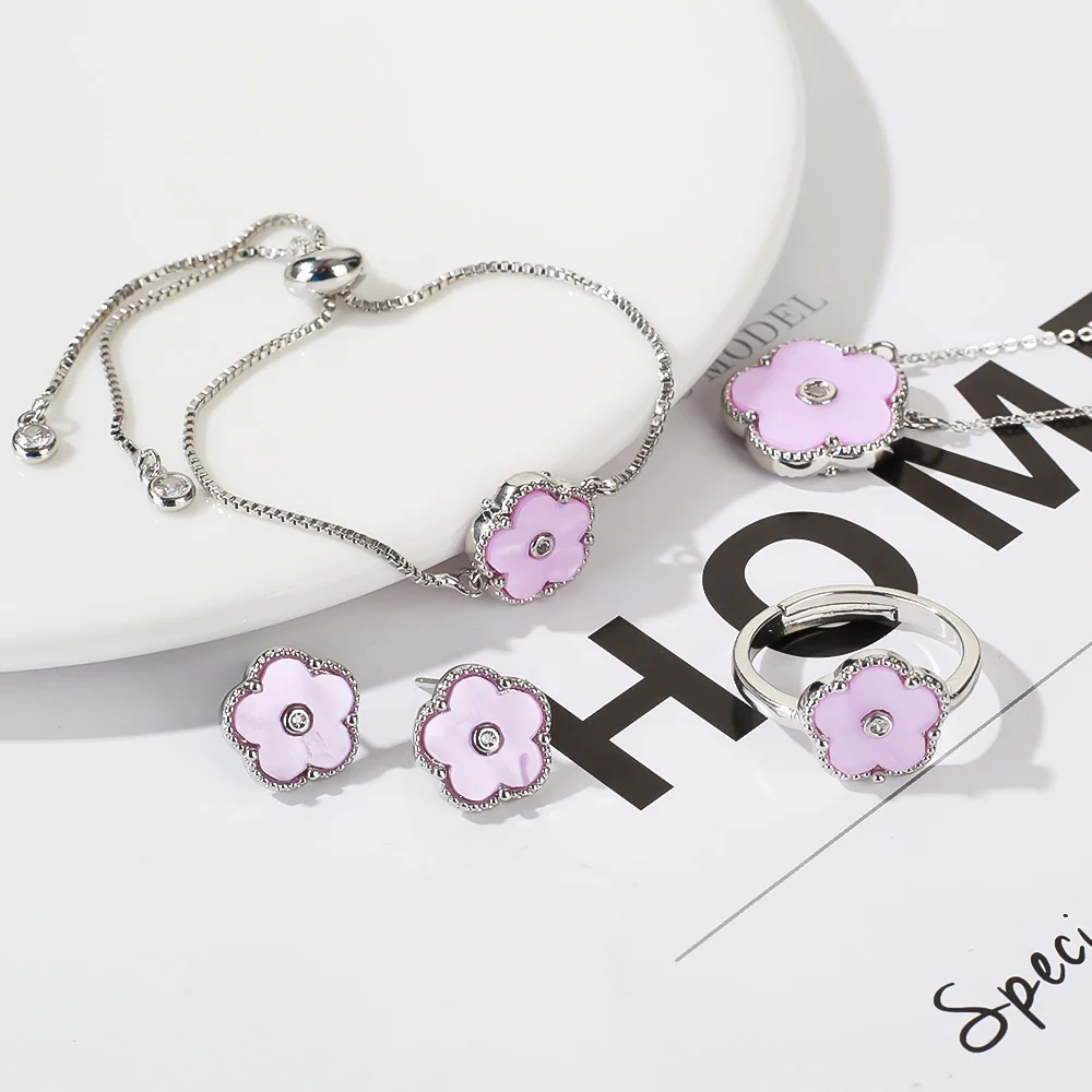 4pc Double-Sided Plum Blossom Jewelry Set Zircon New Hot Selling Plant Five Leaf Flower Women'sHigh-Quality Clover