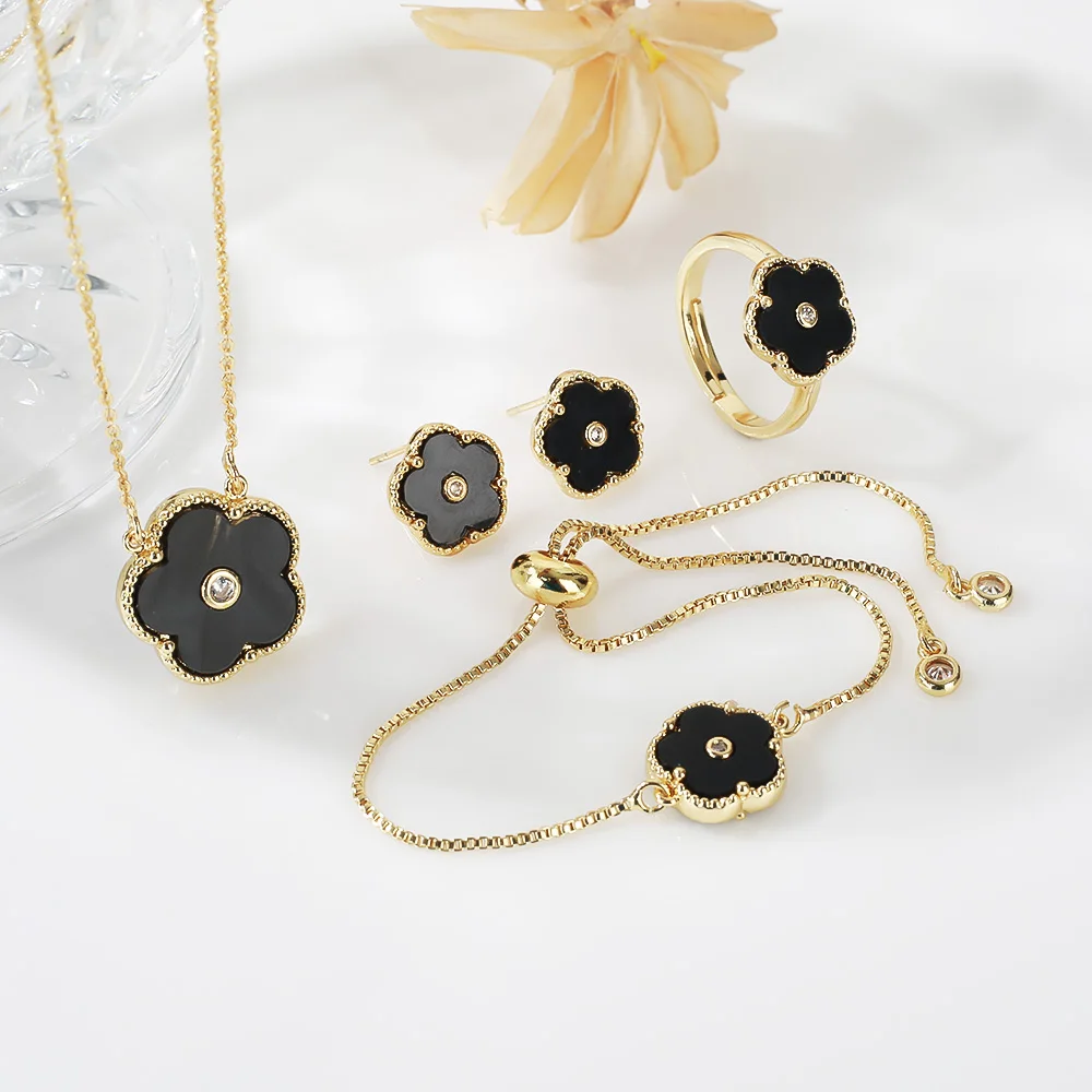 4pc Double-Sided Plum Blossom Jewelry Set Zircon New Hot Selling Plant Five Leaf Flower Women'sHigh-Quality Clover
