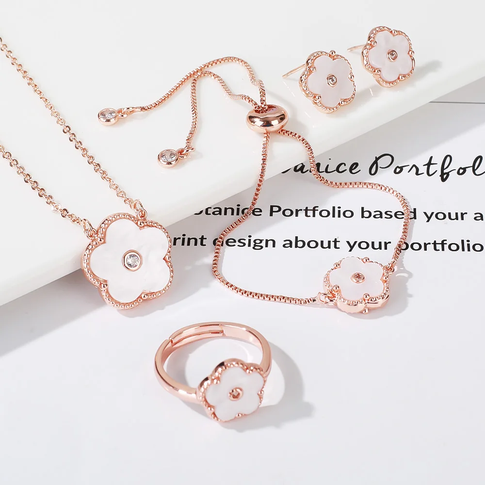 4pc Double-Sided Plum Blossom Jewelry Set Zircon New Hot Selling Plant Five Leaf Flower Women'sHigh-Quality Clover