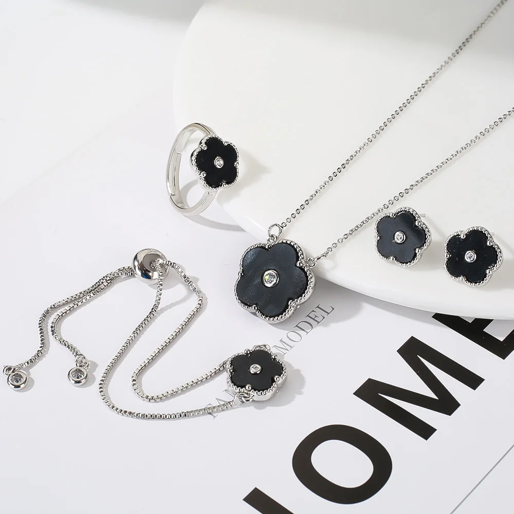 4pc Double-Sided Plum Blossom Jewelry Set Zircon New Hot Selling Plant Five Leaf Flower Women'sHigh-Quality Clover