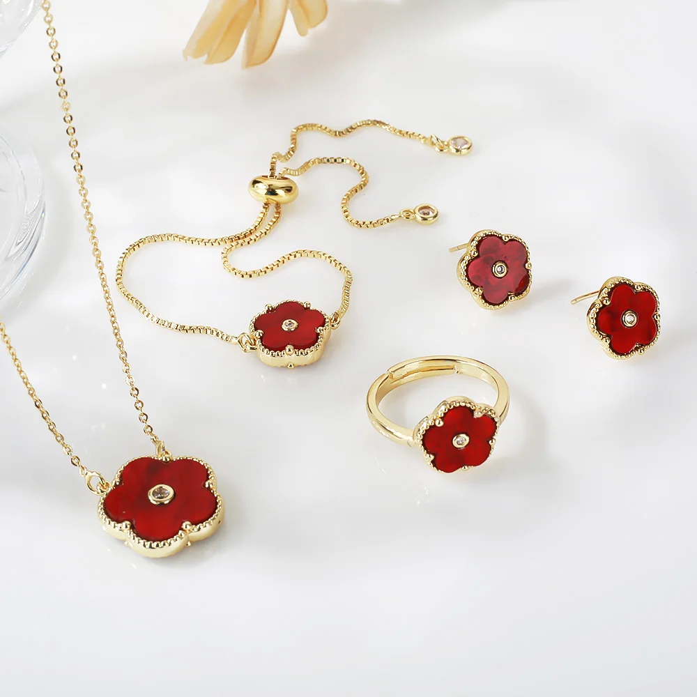 4pc Double-Sided Plum Blossom Jewelry Set Zircon New Hot Selling Plant Five Leaf Flower Women'sHigh-Quality Clover