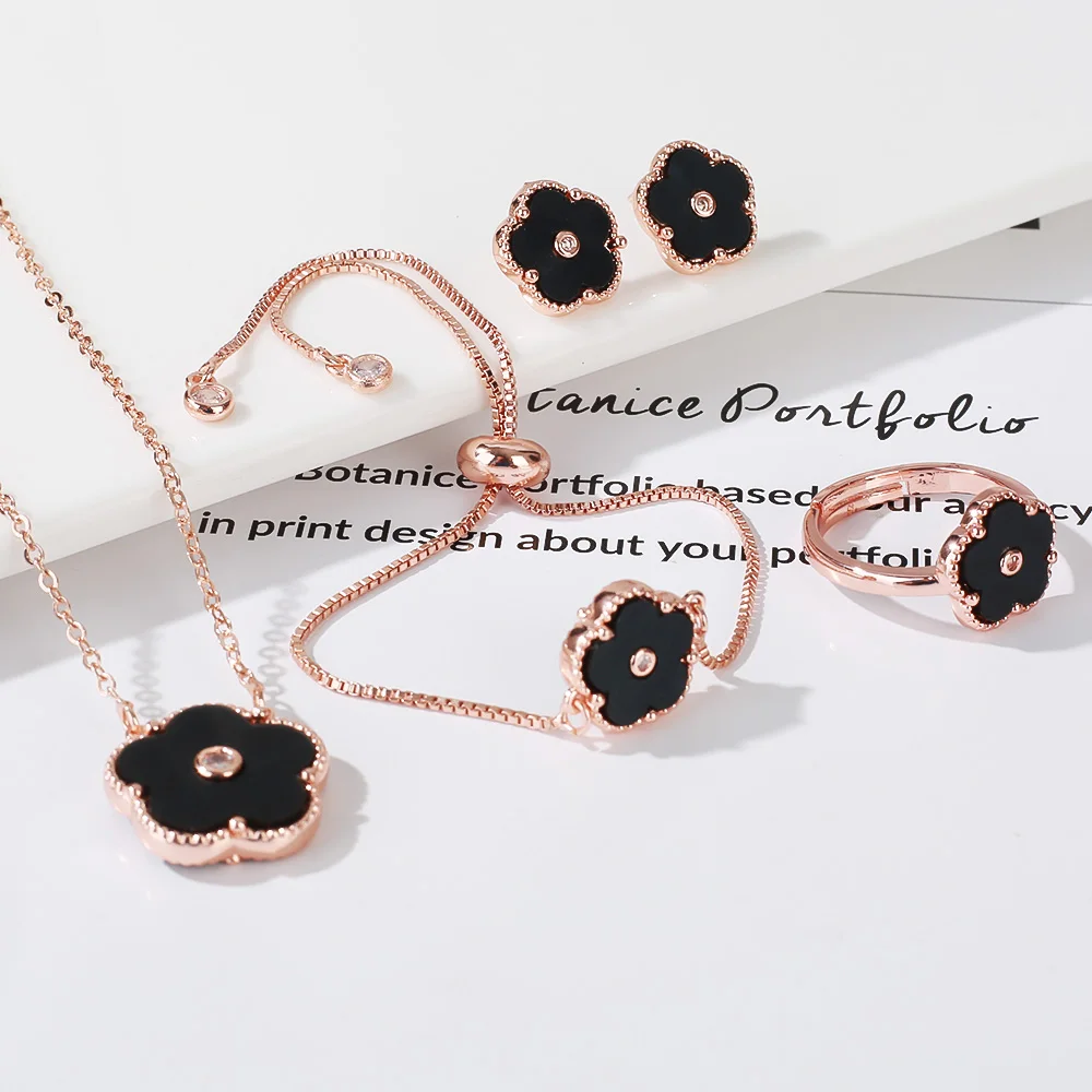 4pc Double-Sided Plum Blossom Jewelry Set Zircon New Hot Selling Plant Five Leaf Flower Women'sHigh-Quality Clover