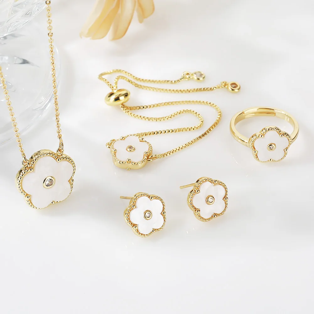 4pc Double-Sided Plum Blossom Jewelry Set Zircon New Hot Selling Plant Five Leaf Flower Women'sHigh-Quality Clover