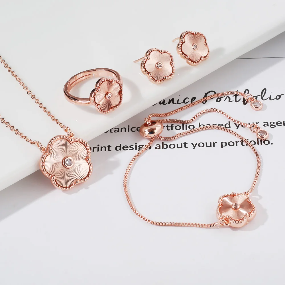 4pc Double-Sided Plum Blossom Jewelry Set Zircon New Hot Selling Plant Five Leaf Flower Women'sHigh-Quality Clover