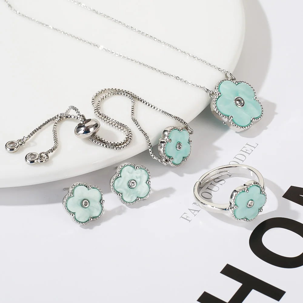 4pc Double-Sided Plum Blossom Jewelry Set Zircon New Hot Selling Plant Five Leaf Flower Women'sHigh-Quality Clover