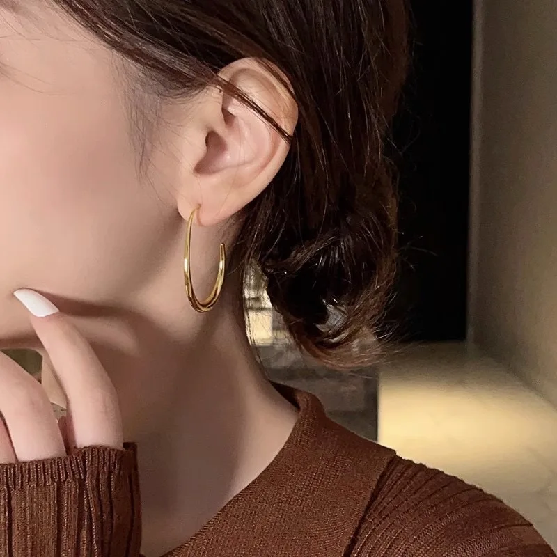 925 Sterling Silver Golden Ellipse Wedding Hoop Earrings For Women Ladies Luxury Female Jewelry Money 925 Jewellery