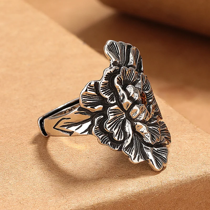 Buyee 925 Sterling Silver Big Ring Finger Excellent Peony Flower Open Ring for Woman Fashion Exaggeration Fine Jewelry Circle