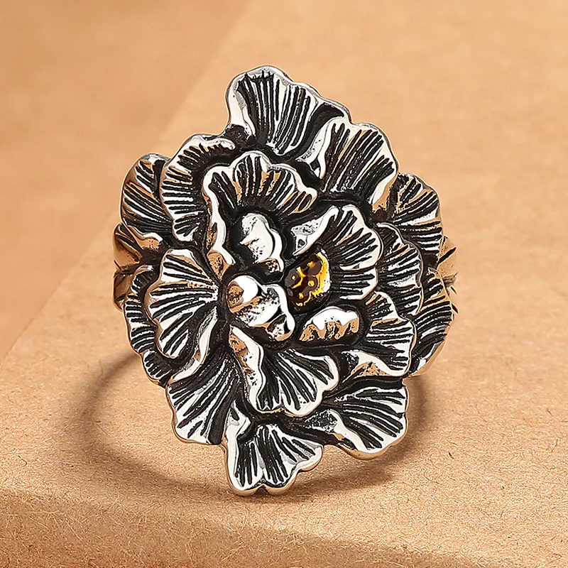 Buyee 925 Sterling Silver Big Ring Finger Excellent Peony Flower Open Ring for Woman Fashion Exaggeration Fine Jewelry Circle