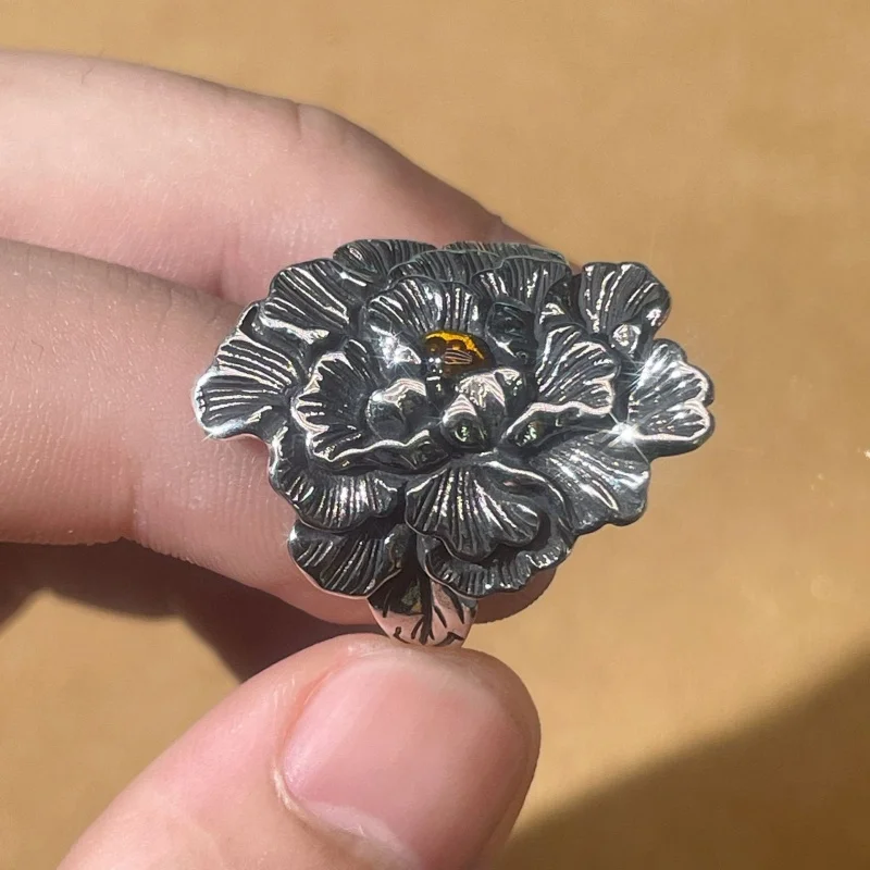 Buyee 925 Sterling Silver Big Ring Finger Excellent Peony Flower Open Ring for Woman Fashion Exaggeration Fine Jewelry Circle