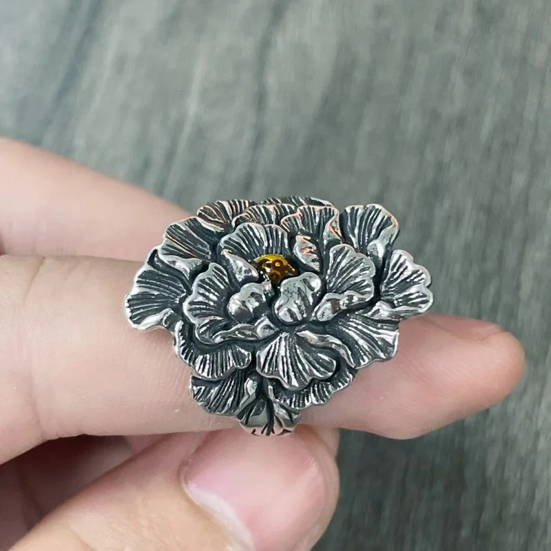 Buyee 925 Sterling Silver Big Ring Finger Excellent Peony Flower Open Ring for Woman Fashion Exaggeration Fine Jewelry Circle