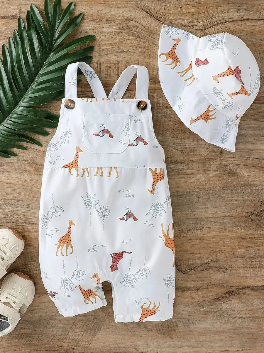 2Pcs Baby's Boys Summer European and American Style Sleeveless Cartoon Bodysuit Casual Jumpsuit Cute For 0-1Y Clothing Wear +Hat