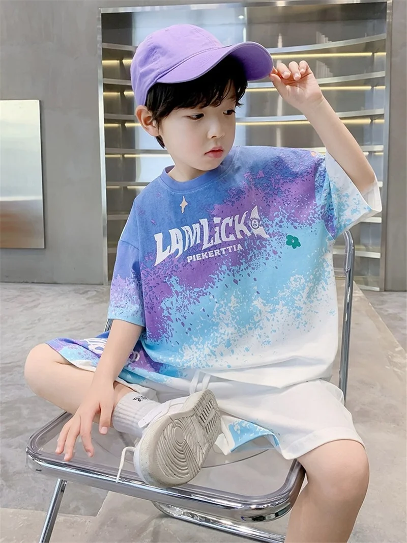 Teen T-shirts Clothes Sets Summer Boys Gradient Short Sleeve Tops+Shorts 2 Pcs Big Kids Casual Suits Children Print Outfits