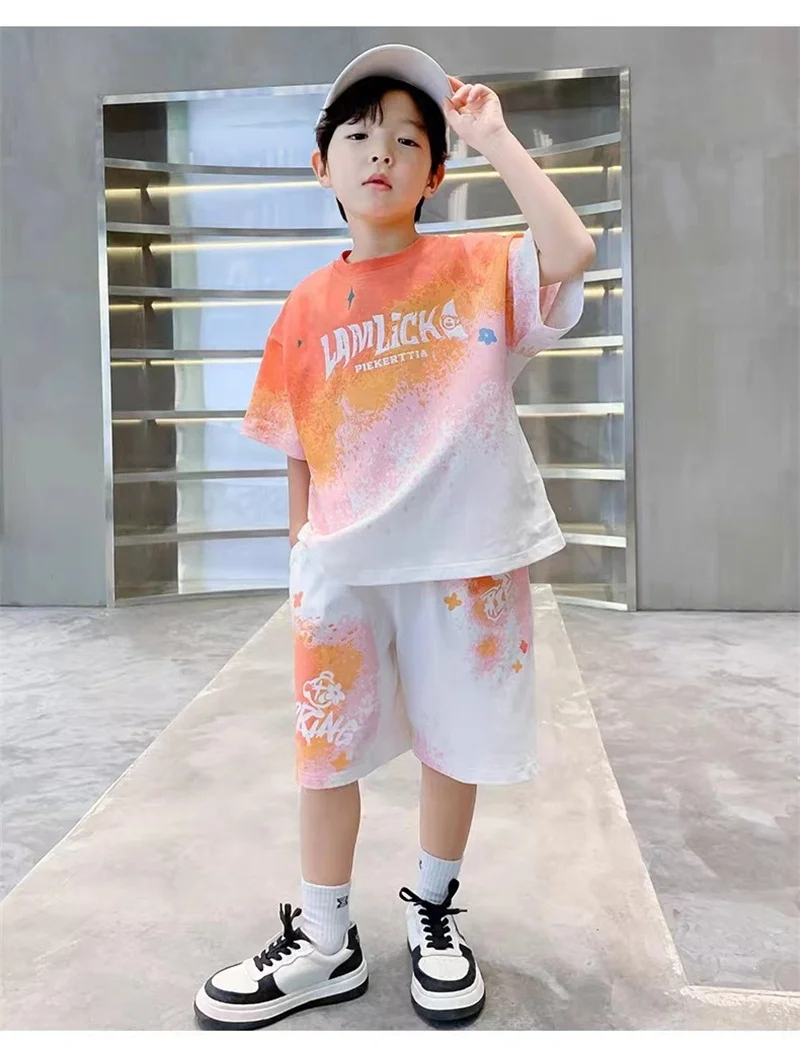 Teen T-shirts Clothes Sets Summer Boys Gradient Short Sleeve Tops+Shorts 2 Pcs Big Kids Casual Suits Children Print Outfits