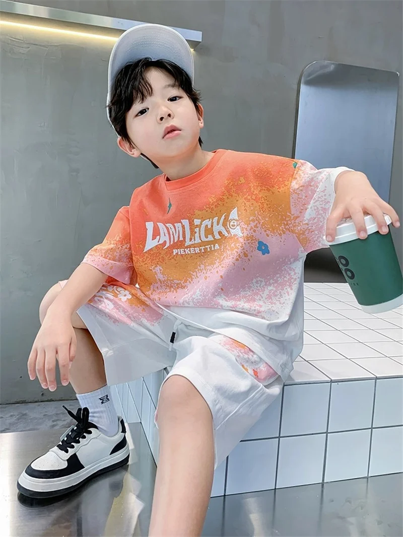 Teen T-shirts Clothes Sets Summer Boys Gradient Short Sleeve Tops+Shorts 2 Pcs Big Kids Casual Suits Children Print Outfits