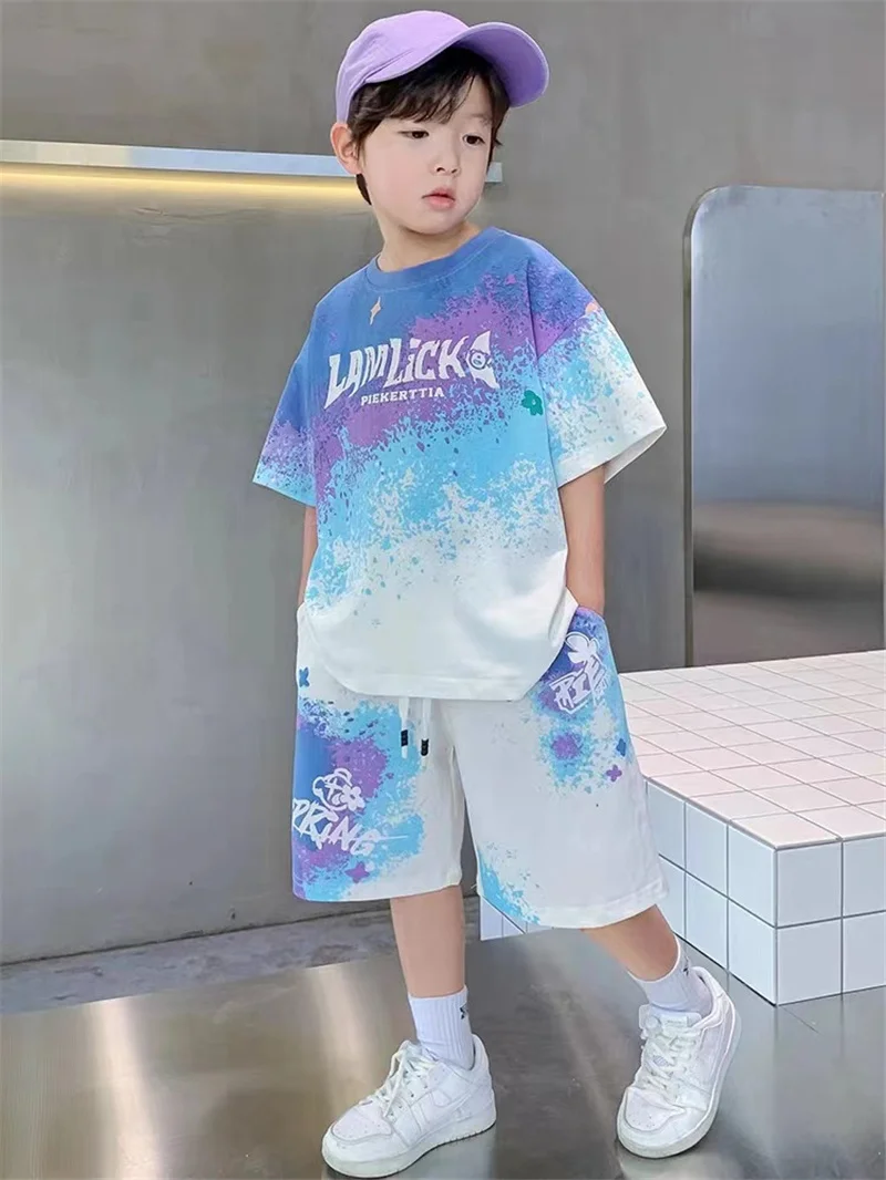 Teen T-shirts Clothes Sets Summer Boys Gradient Short Sleeve Tops+Shorts 2 Pcs Big Kids Casual Suits Children Print Outfits