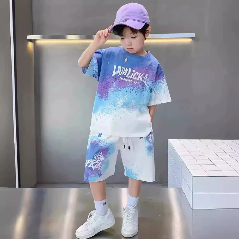 Teen T-shirts Clothes Sets Summer Boys Gradient Short Sleeve Tops+Shorts 2 Pcs Big Kids Casual Suits Children Print Outfits