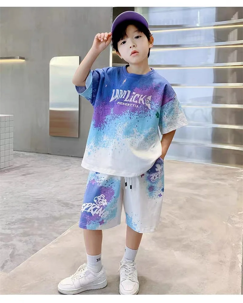 Teen T-shirts Clothes Sets Summer Boys Gradient Short Sleeve Tops+Shorts 2 Pcs Big Kids Casual Suits Children Print Outfits