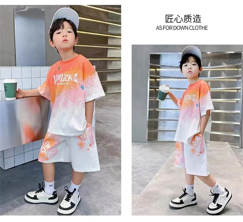 Teen T-shirts Clothes Sets Summer Boys Gradient Short Sleeve Tops+Shorts 2 Pcs Big Kids Casual Suits Children Print Outfits