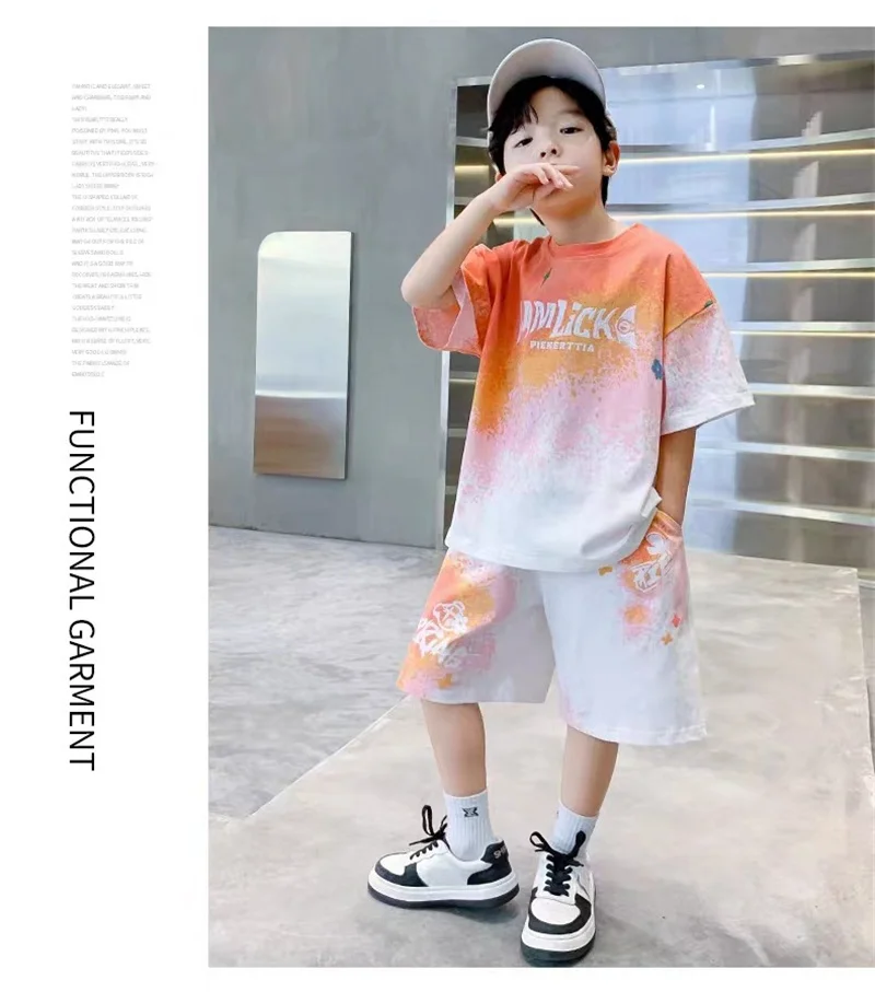 Teen T-shirts Clothes Sets Summer Boys Gradient Short Sleeve Tops+Shorts 2 Pcs Big Kids Casual Suits Children Print Outfits